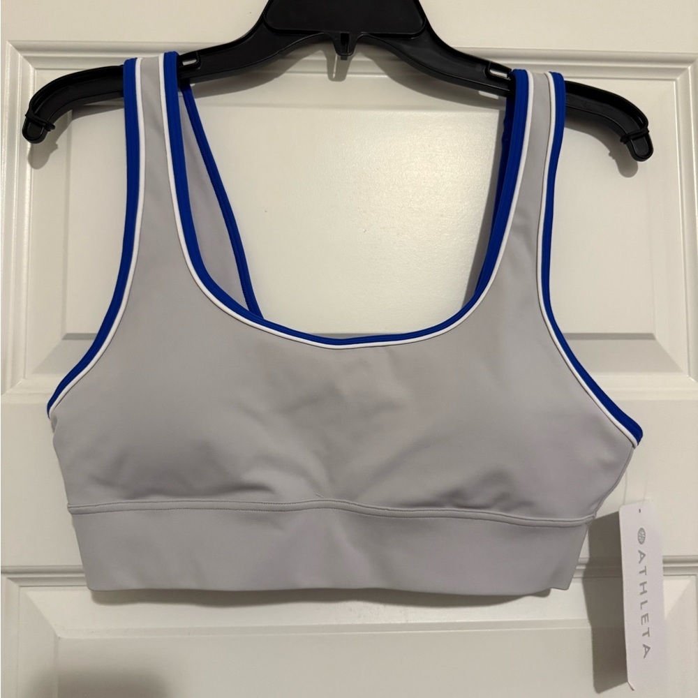 Athleta Breathe Longline Gray & Blue Small Sports Bra NWT Best A-C Cups